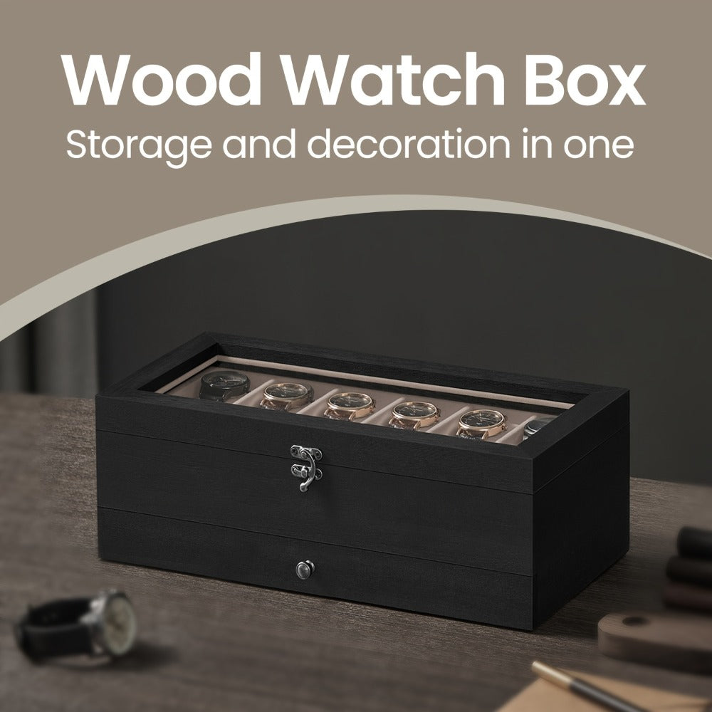 Jewelry Box - Watch 12-Slot 2-Tier Display Case with Glass Lid Removable Watch Pillows - product detail view 8