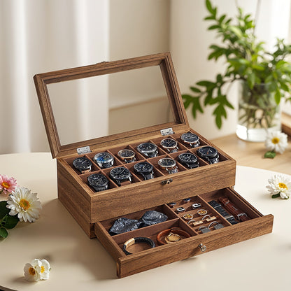 Jewelry Box - Watch 12-Slot 2-Tier Display Case with Glass Lid Removable Watch Pillows - product detail view 9