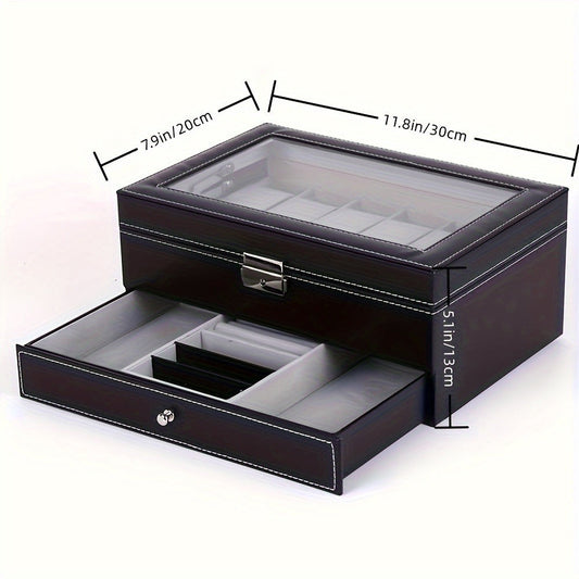 Jewelry Box - Watch 12 Slot Faux Leather with Lock - Single & Double Layer Watch Storage - product detail view 2