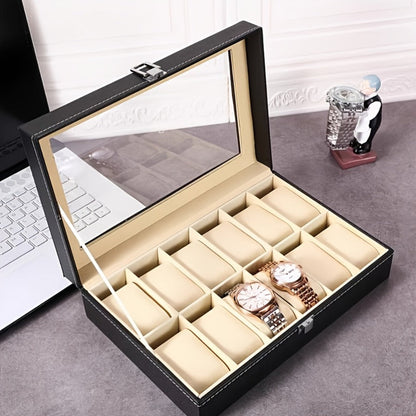 Jewelry Box - Watch 12 Slot Faux Leather with Lock - Single & Double Layer Watch Storage - product detail view 3