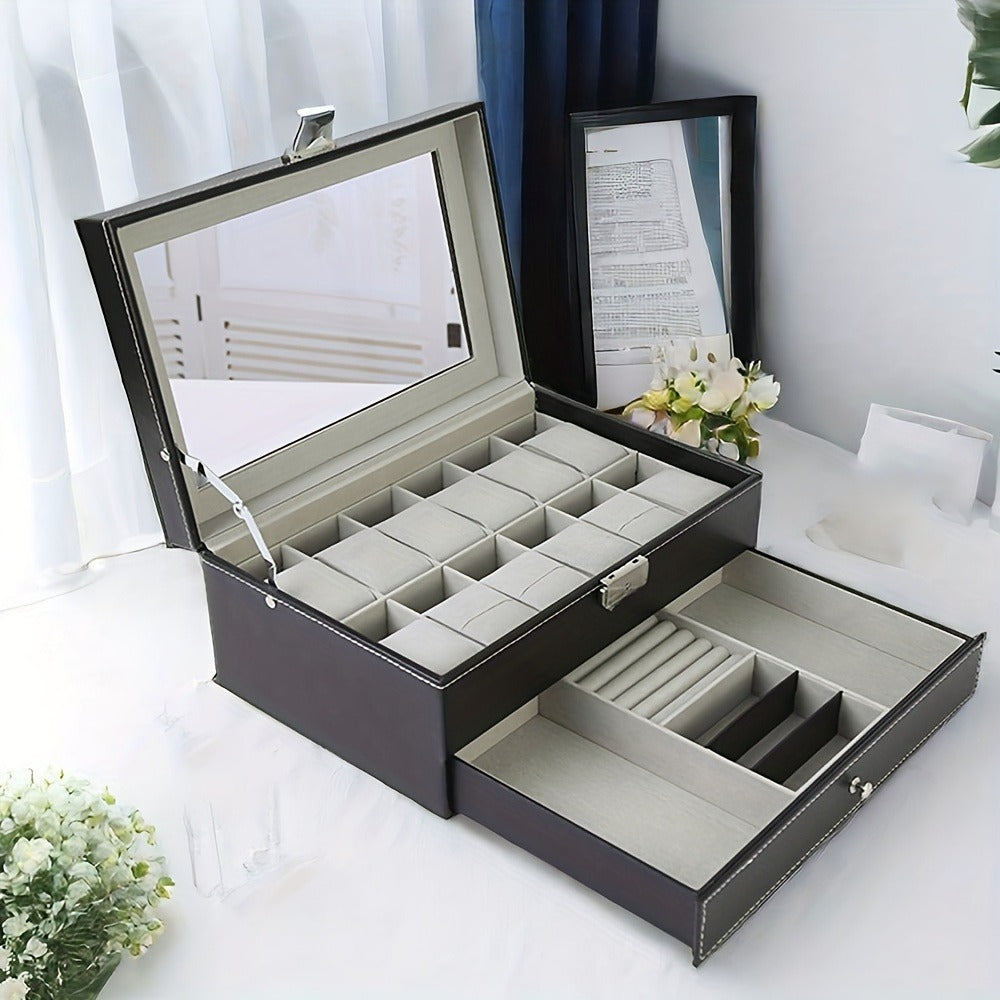 Jewelry Box - Watch 12 Slot Faux Leather with Lock - Single & Double Layer Watch Storage - product detail view 4