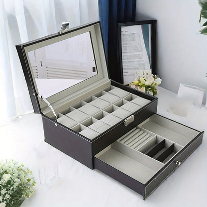 Jewelry Box - Watch 12 Slot Faux Leather with Lock - Single & Double Layer Watch Storage - product detail view 4