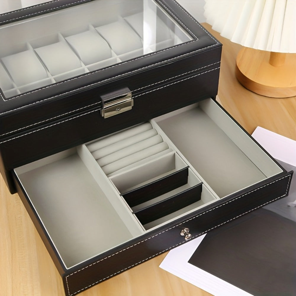 Jewelry Box - Watch 12 Slot Faux Leather with Lock - Single & Double Layer Watch Storage - product detail view 7