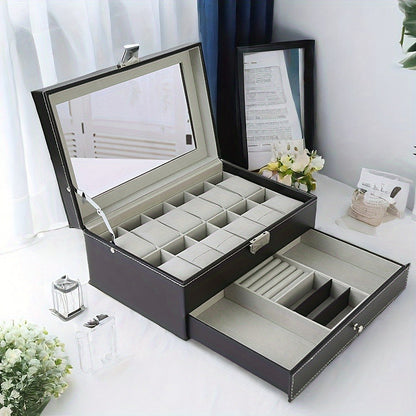 Jewelry Box - Watch 12 Slot Faux Leather with Lock - Single & Double Layer Watch Storage - product detail view 8