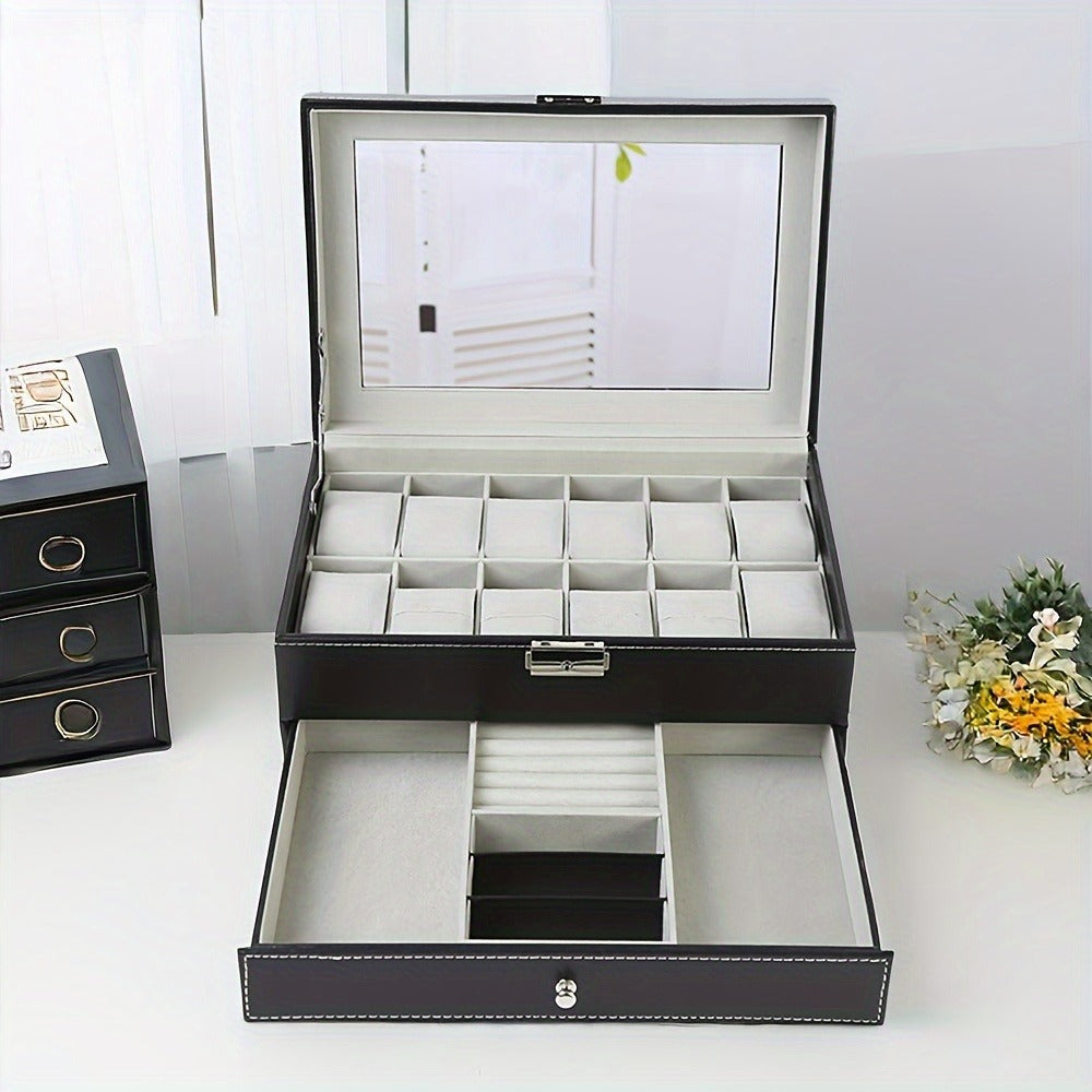 Jewelry Box - Watch 12 Slot Faux Leather with Lock - Single & Double Layer Watch Storage - product detail view 9