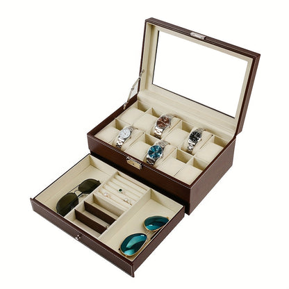 Jewelry Box - Watch 12 Slot Faux Leather with Lock - Single & Double Layer Watch Storage - product detail view 11