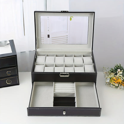 Jewelry Box - Watch 12 Slot Faux Leather with Lock - Single & Double Layer Watch Storage - product detail view 12