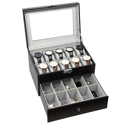 Jewelry Box - Watch 20 Slot Double Layer Glass Top Display Case with Velvet Lining & - product detail view 3