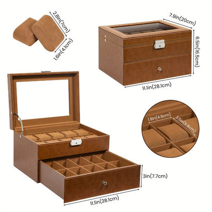 Jewelry Box - Watch 20 Slot Double Layer Glass Top Display Case with Velvet Lining & - product detail view 4