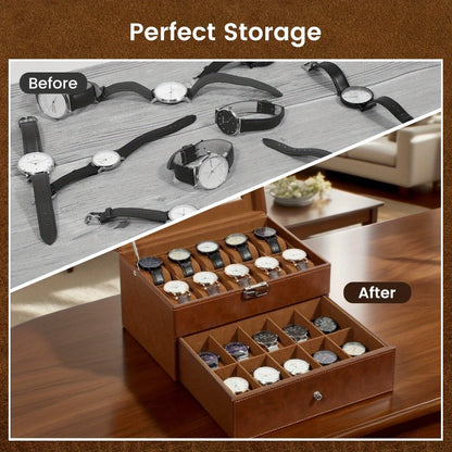 Jewelry Box - Watch 20 Slot Double Layer Glass Top Display Case with Velvet Lining & - product detail view 6