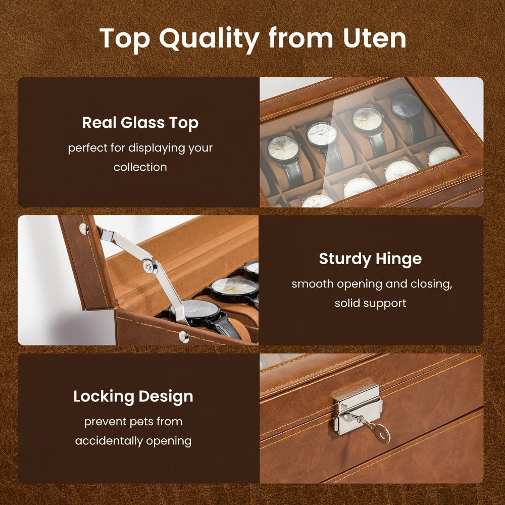 Jewelry Box - Watch 20 Slot Double Layer Glass Top Display Case with Velvet Lining & - product detail view 8