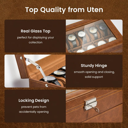 Jewelry Box - Watch 20 Slot Double Layer Glass Top Display Case with Velvet Lining & - product detail view 8
