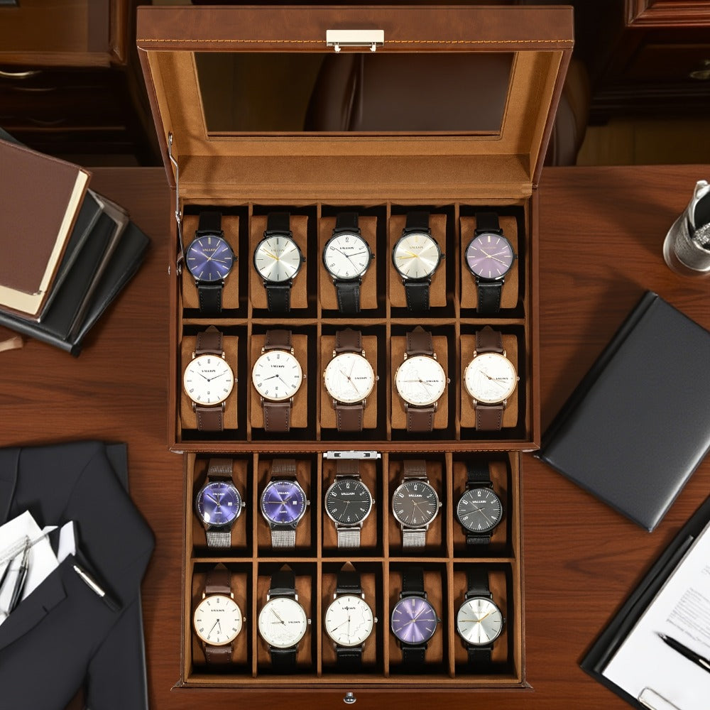 Jewelry Box - Watch 20 Slot Double Layer Glass Top Display Case with Velvet Lining & - product detail view 9