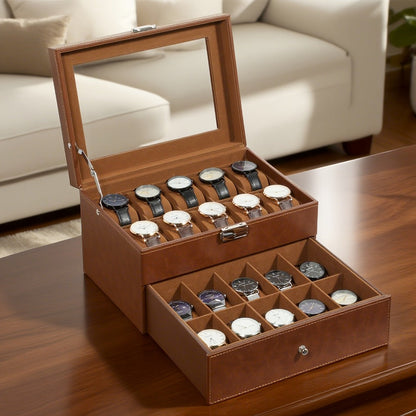 Jewelry Box - Watch 20 Slot Double Layer Glass Top Display Case with Velvet Lining & - product detail view 11