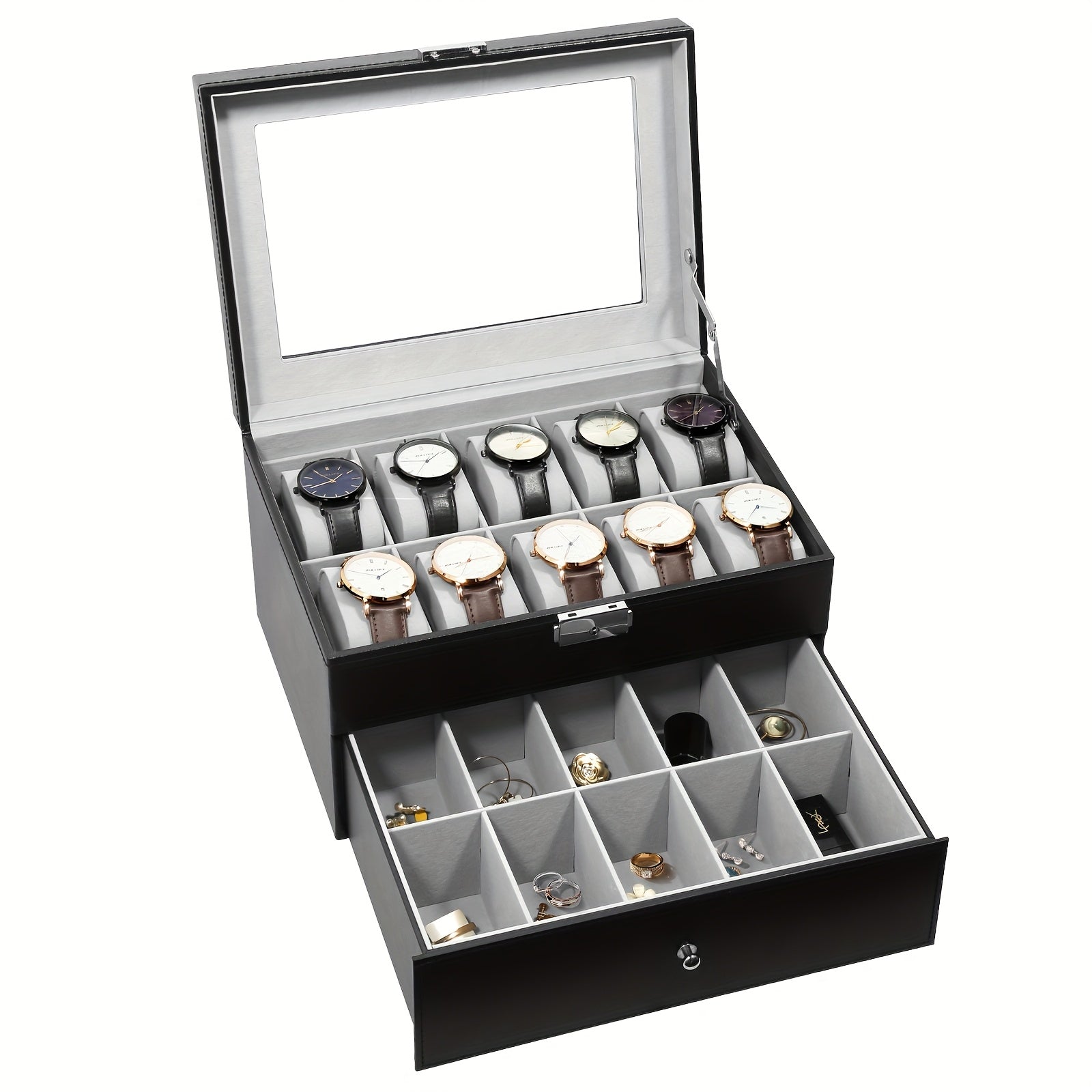 Jewelry Box - Watch 20 Slot Double Layer Glass Top Display Case with Velvet Lining & - product detail view 14