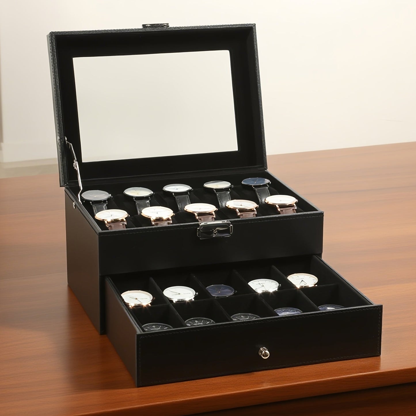 Jewelry Box - Watch 20 Slot Double Layer Glass Top Display Case with Velvet Lining & - product detail view 15