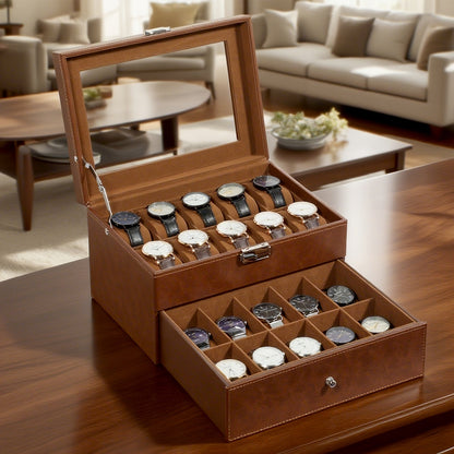 Jewelry Box - Watch 20 Slot Double Layer Glass Top Display Case with Velvet Lining & - product detail view 16
