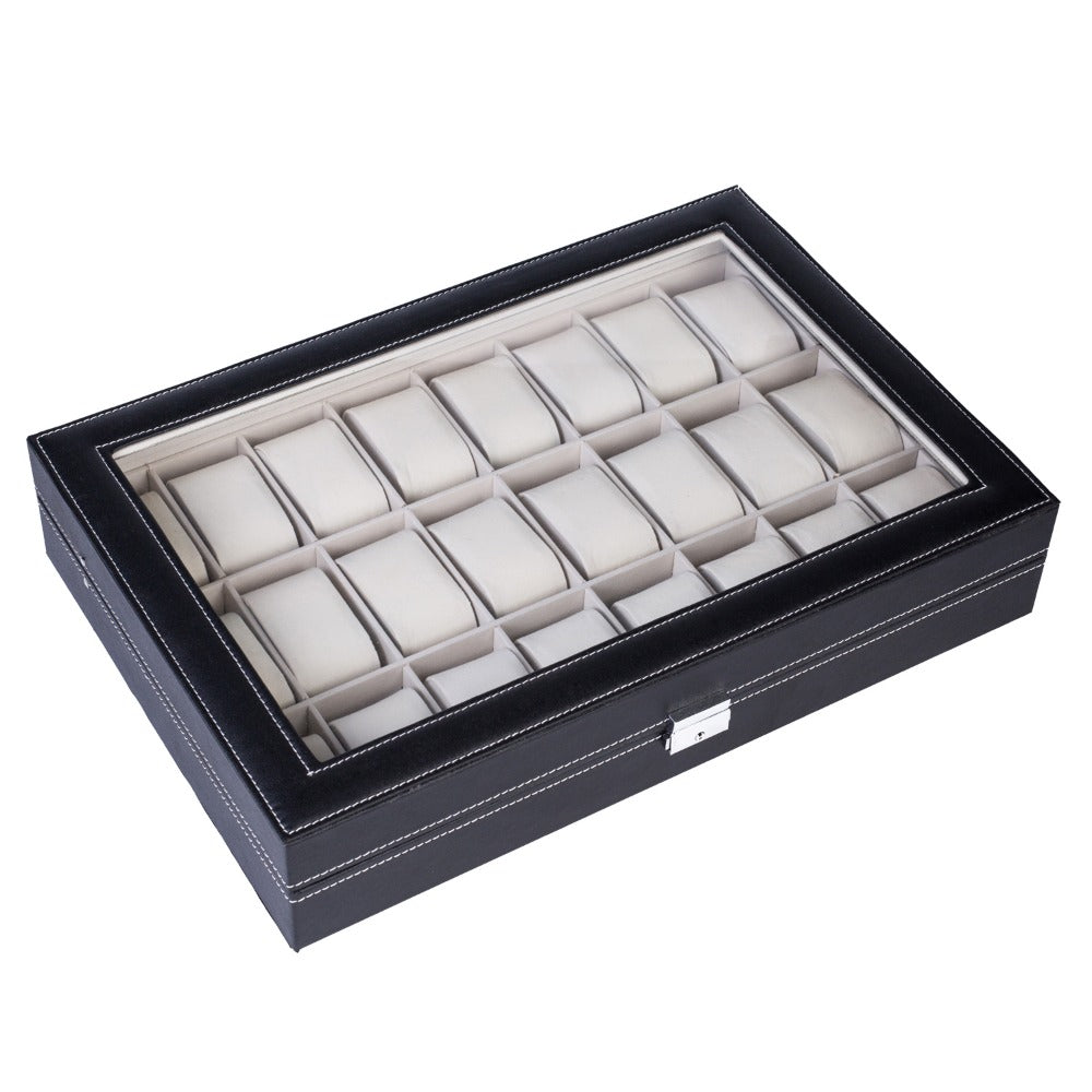 Jewelry Box - Watch 24 Slot Leather Top-Opening Display Case with 24 Compartments, Large - main product view