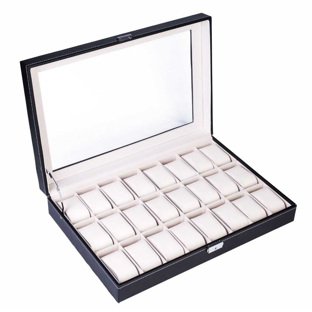 Jewelry Box - Watch 24 Slot Leather Top-Opening Display Case with 24 Compartments, Large - product detail view 3