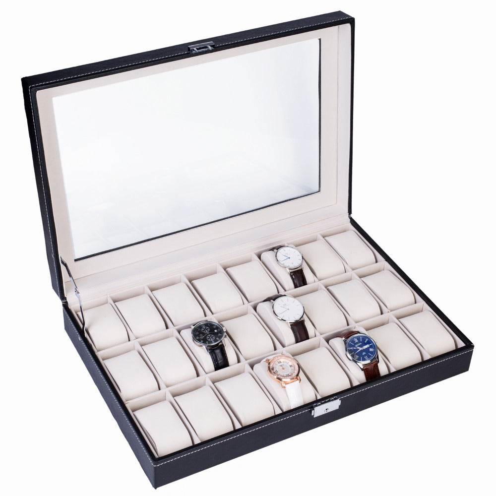 Jewelry Box - Watch 24 Slot Leather Top-Opening Display Case with 24 Compartments, Large - product detail view 7