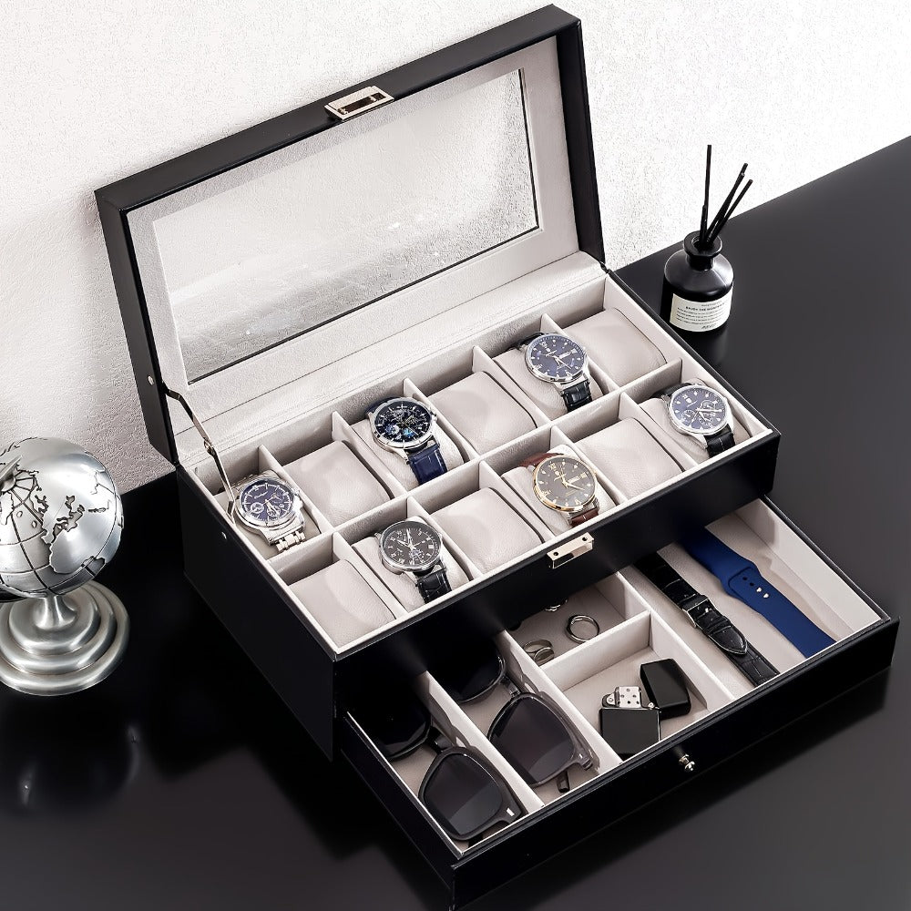 Jewelry Box - Watch with Drawer Glass Lid 2-Layer Watch Organizer 10 / 12 Slot Display - main product view