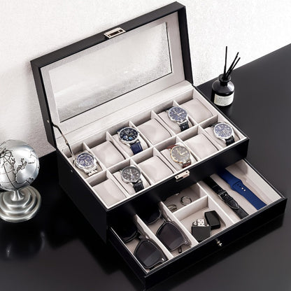 Jewelry Box - Watch with Drawer Glass Lid 2-Layer Watch Organizer 10 / 12 Slot Display - main product view