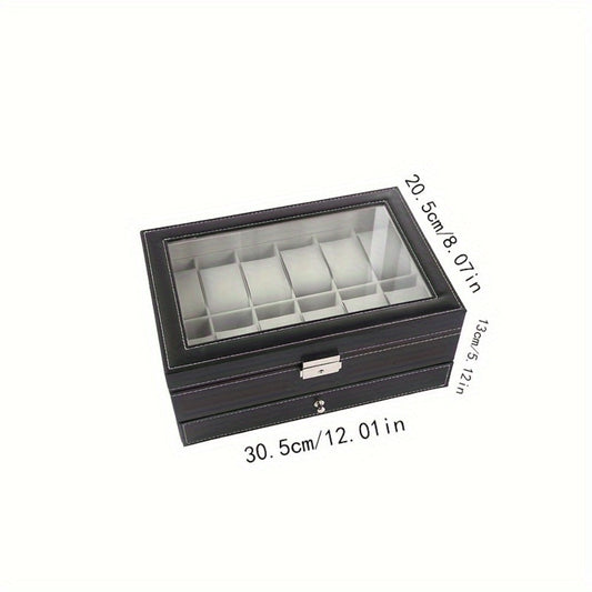 Jewelry Box - Watch with Drawer Glass Lid 2-Layer Watch Organizer 10 / 12 Slot Display - product detail view 2