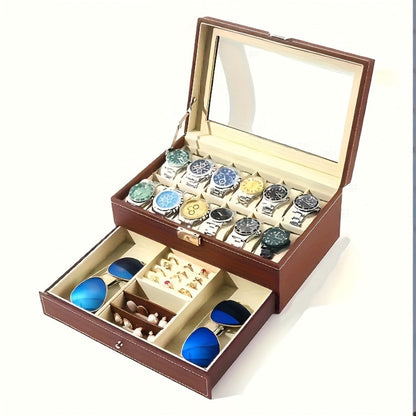Jewelry Box - Watch with Drawer Glass Lid 2-Layer Watch Organizer 10 / 12 Slot Display - product detail view 3