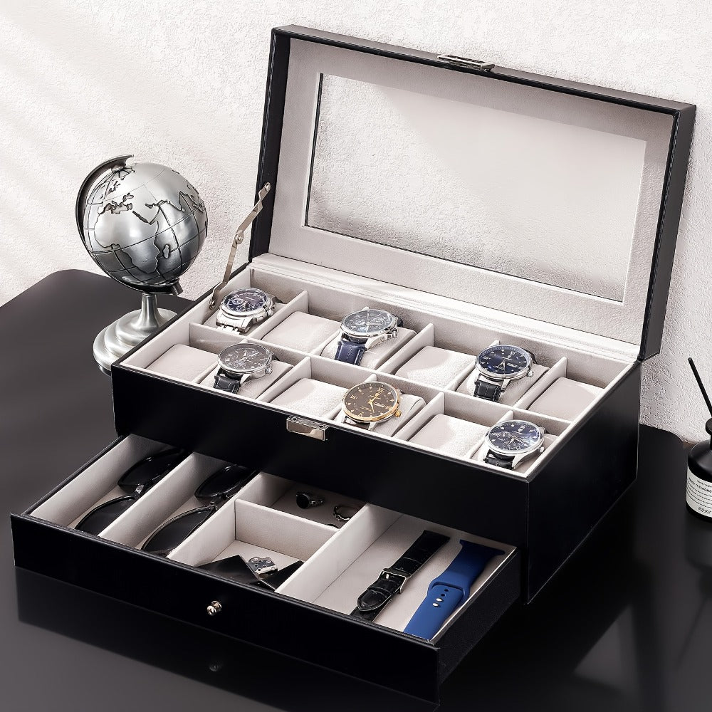 Jewelry Box - Watch with Drawer Glass Lid 2-Layer Watch Organizer 10 / 12 Slot Display - product detail view 4