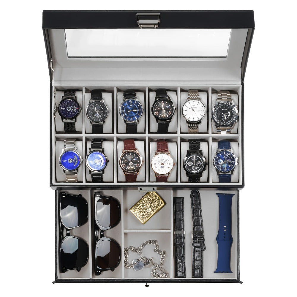 Jewelry Box - Watch with Drawer Glass Lid 2-Layer Watch Organizer 10 / 12 Slot Display - product detail view 6