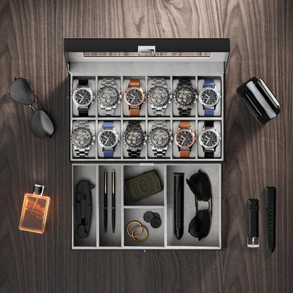 Jewelry Box - Watch with Drawer Glass Lid 2-Layer Watch Organizer 10 / 12 Slot Display - product detail view 8