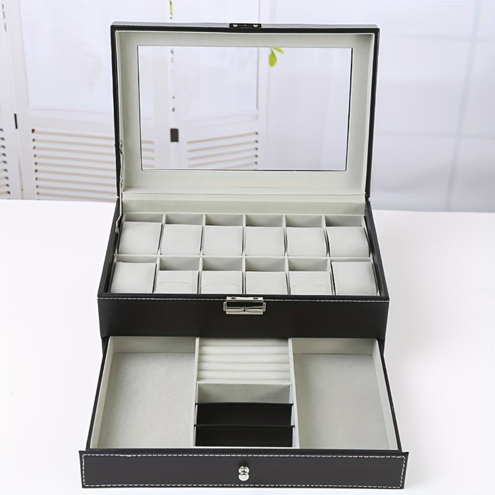 Jewelry Box - Watch with Drawer Glass Lid 2-Layer Watch Organizer 10 / 12 Slot Display - product detail view 9