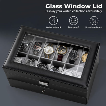 Jewelry Box - Watch with Drawer Glass Lid 2-Layer Watch Organizer 10 / 12 Slot Display - product detail view 10