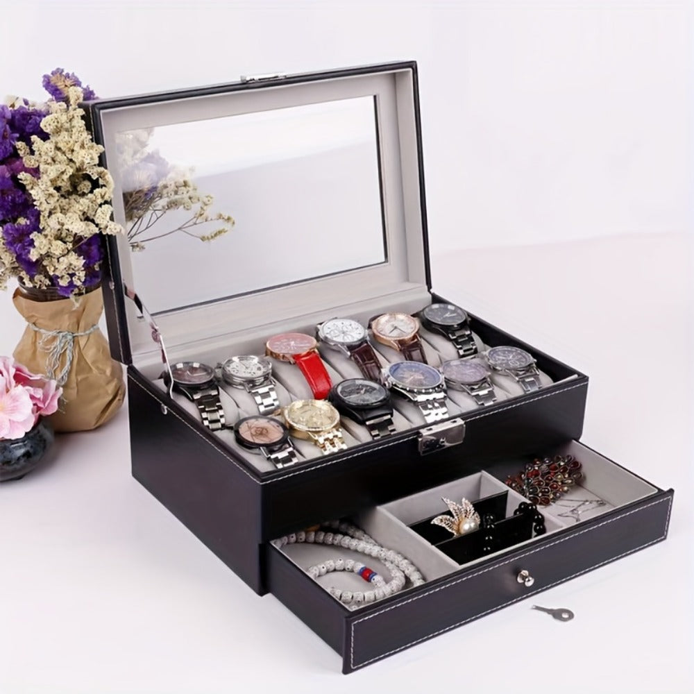 Jewelry Box - Watch with Drawer Glass Lid 2-Layer Watch Organizer 10 / 12 Slot Display - product detail view 11