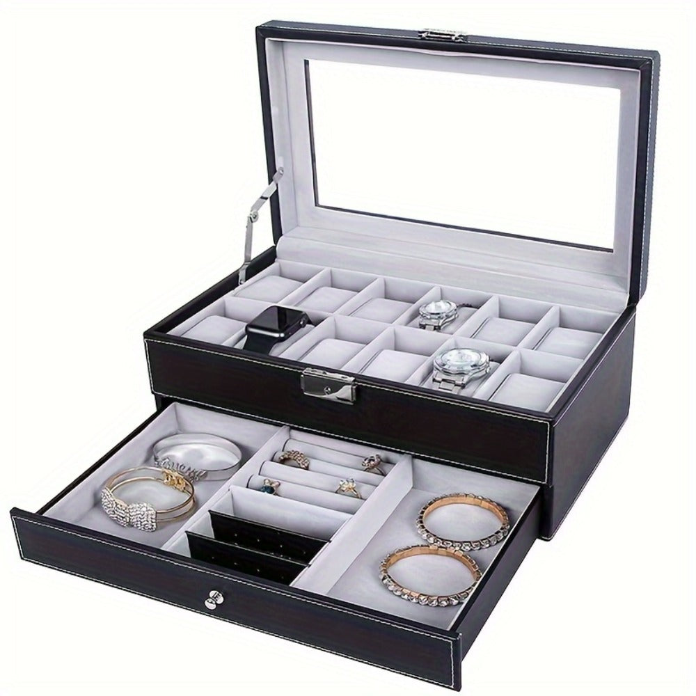 Jewelry Box - Watch with Drawer Glass Lid 2-Layer Watch Organizer 10 / 12 Slot Display - product detail view 12