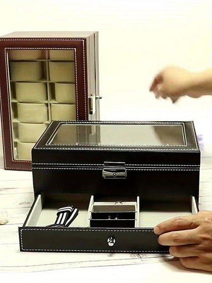 Jewelry Box - Watch with Drawer Glass Lid 2-Layer Watch Organizer 10 / 12 Slot Display - product detail view 13