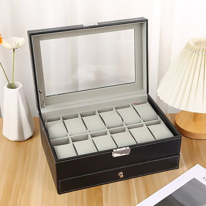 Jewelry Box - Watch with Drawer Glass Lid 2-Layer Watch Organizer 10 / 12 Slot Display - product detail view 14