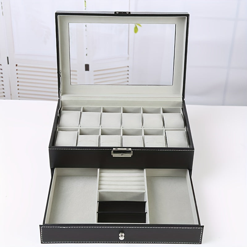 Jewelry Box - Watch with Drawer Glass Lid 2-Layer Watch Organizer 10 / 12 Slot Display - product detail view 17