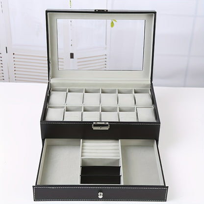 Jewelry Box - Watch with Drawer Glass Lid 2-Layer Watch Organizer 10 / 12 Slot Display - product detail view 17