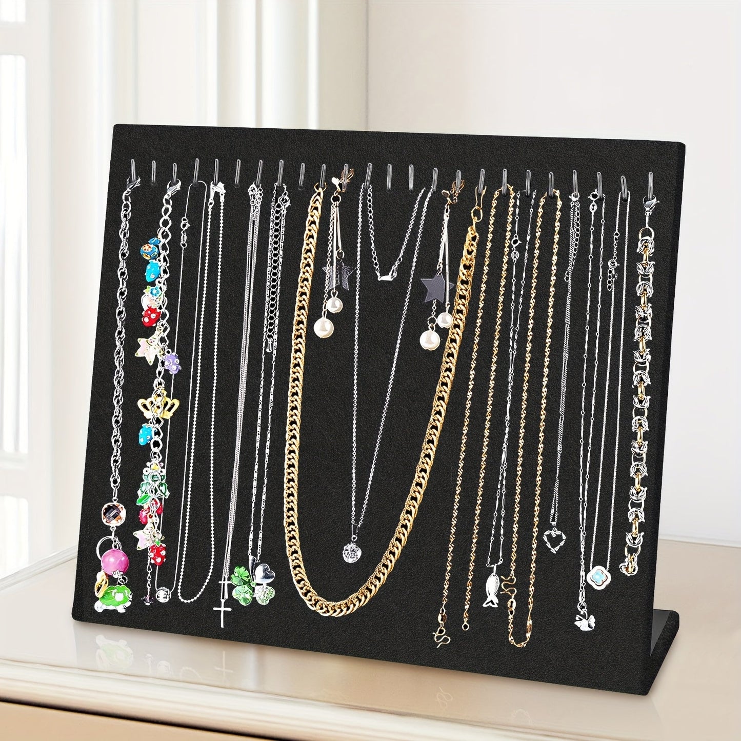 Jewelry Display Stand - Necklace 24 Hook Velvet Organizer Rack L-Shaped Countertop Holder for - product detail view 8
