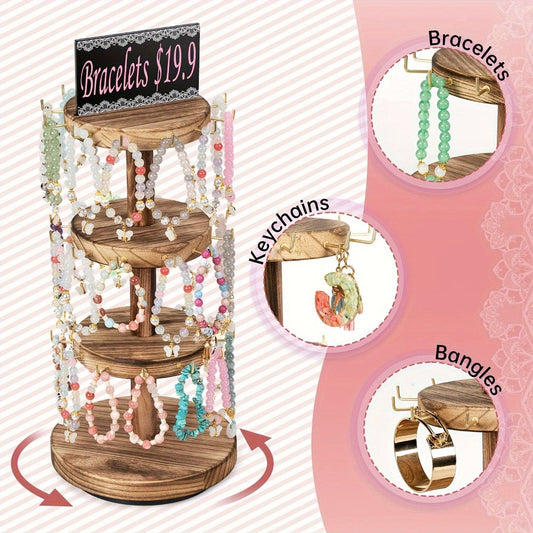 Jewelry Display Stand - Tower Organizer 3 Tier Rotating Wooden Large Capacity Bracelet Necklace - product detail view 2