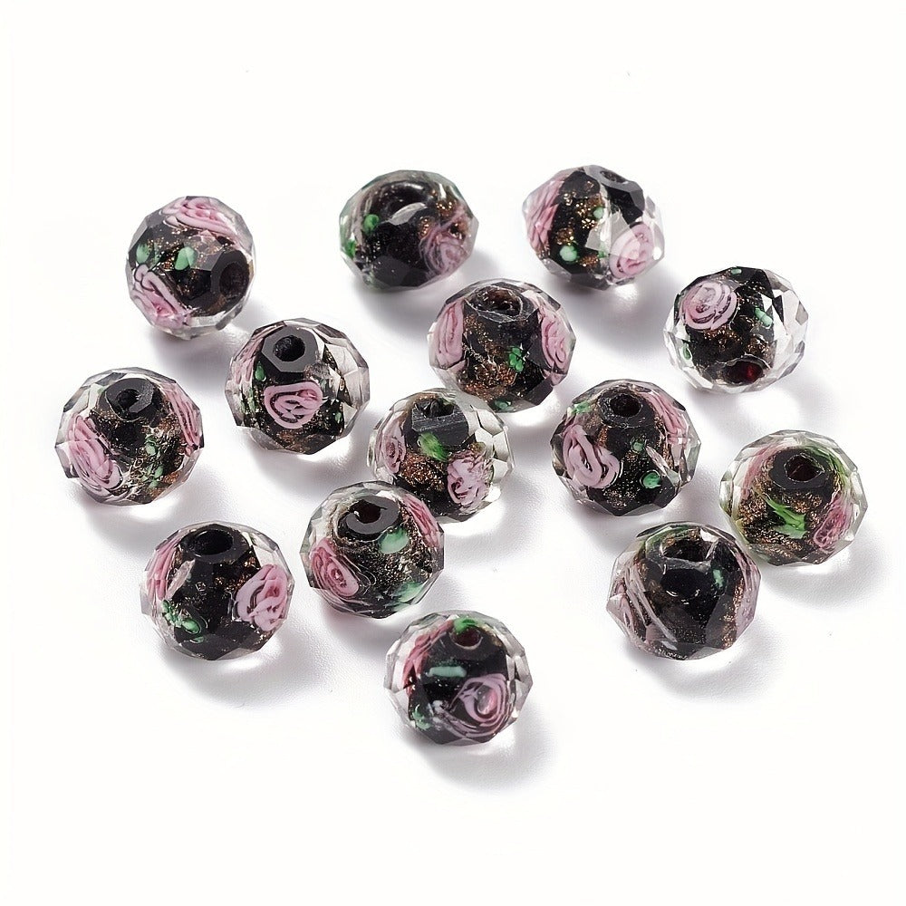 Jewelry Making Beads - Lampwork Glass 60pcs 10mm Handmade Golden Sand Inner Flower Faceted - product detail view 6