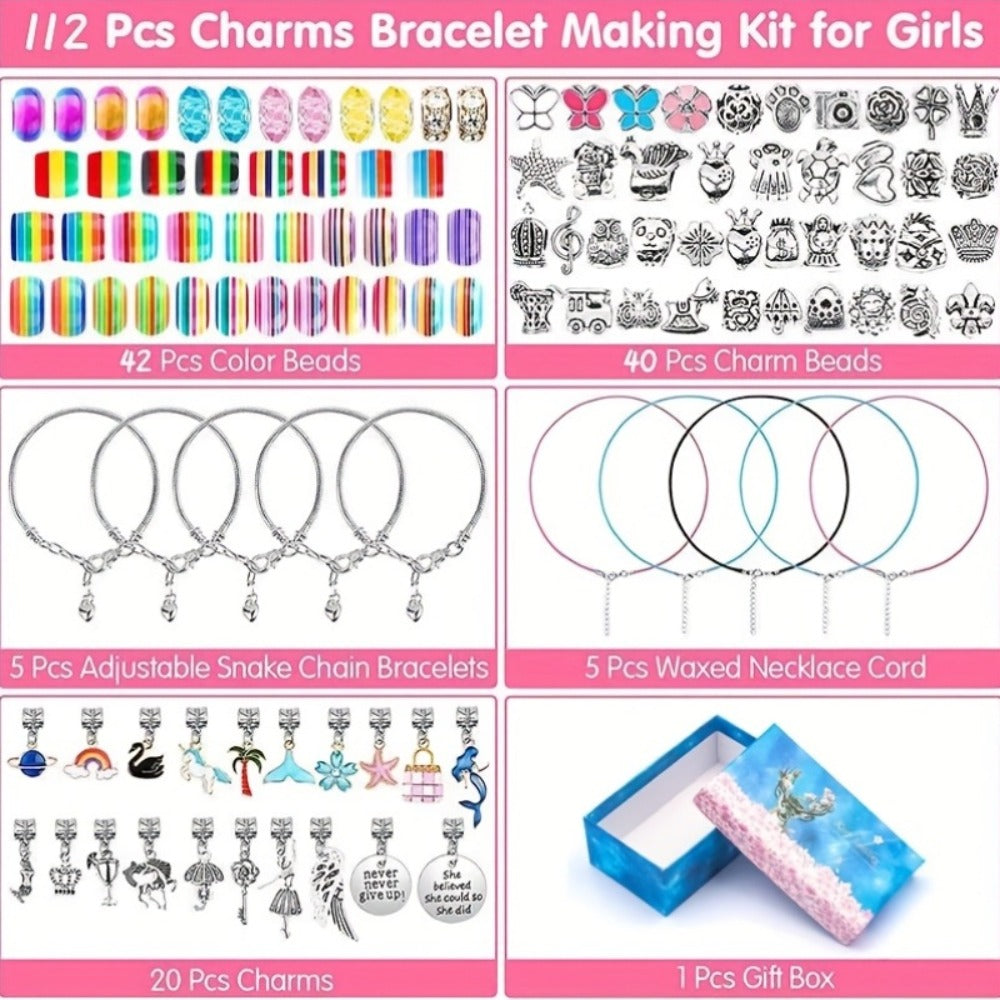 Jewelry Making Kit - Charm Bracelet for Girls 112pcs Blue & Pink Hearts, Stars, Flowers & - product detail view 4