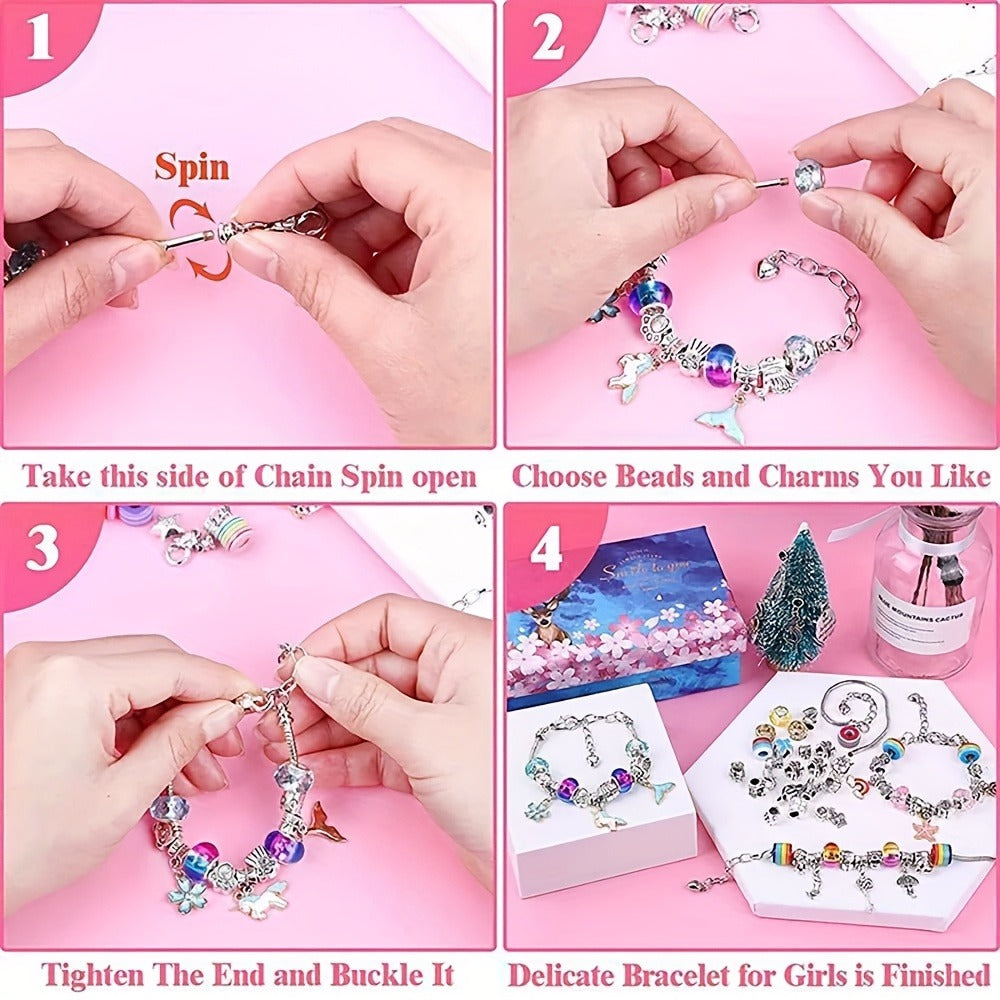 Jewelry Making Kit - Charm Bracelet for Girls 112pcs Blue & Pink Hearts, Stars, Flowers & - product detail view 7