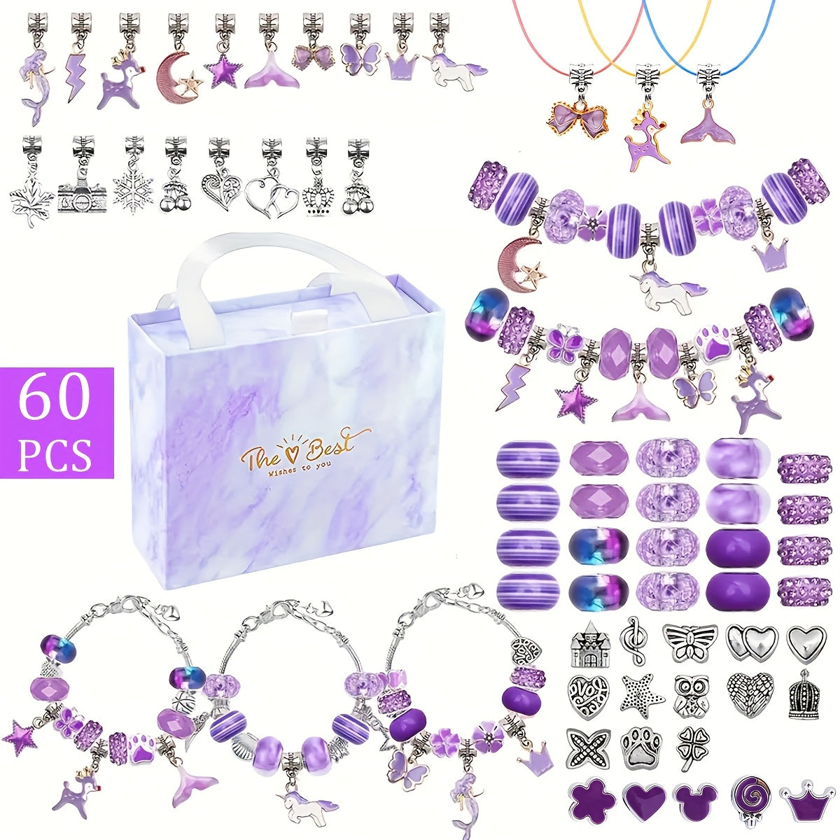 Jewelry Making Kit - Charm Bracelet for Girls 60pcs DIY Set with Pendant Charms, Glass Beads & - product detail view 7