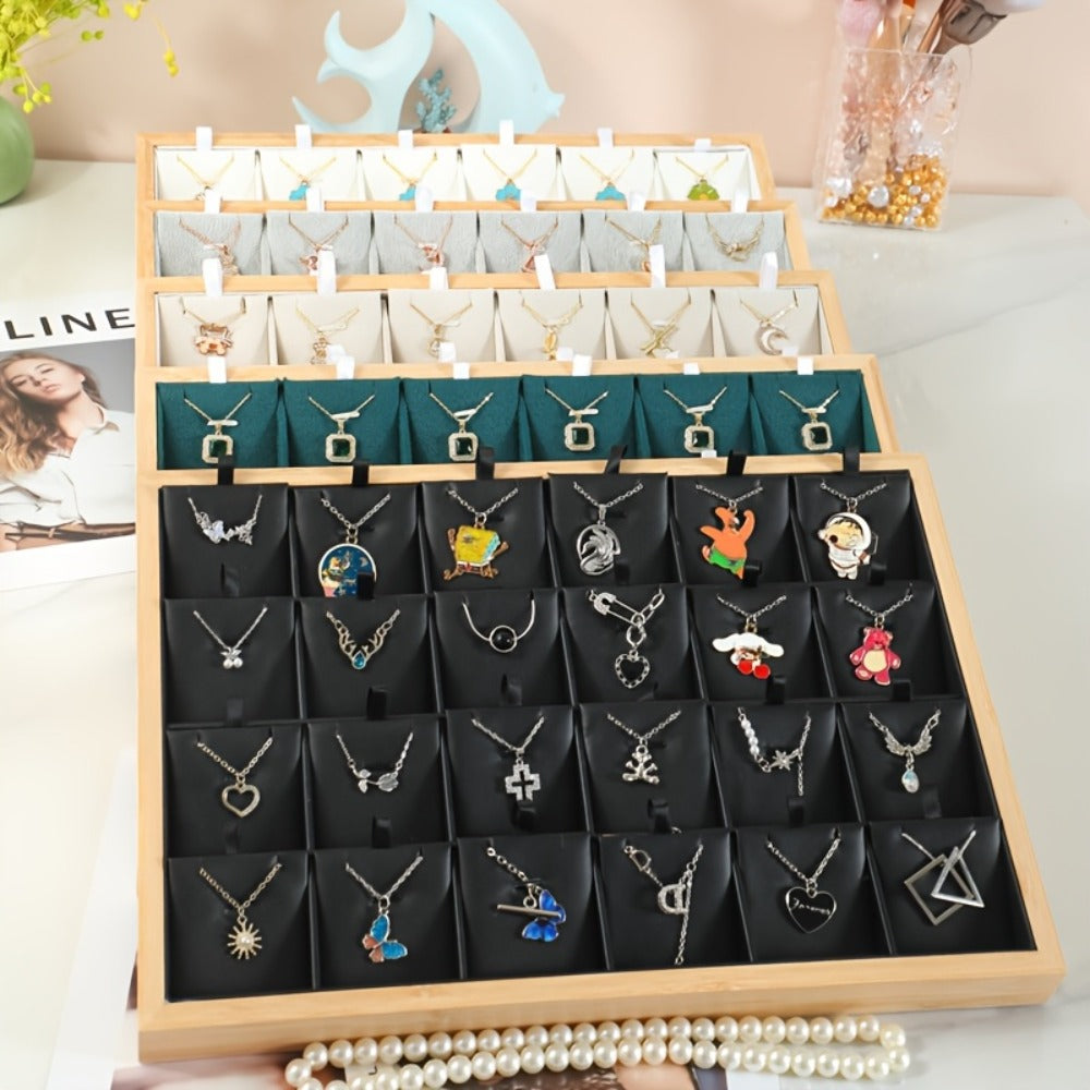 Jewelry Organizer - Tray Bamboo Wood 24 Grid Large Capacity Necklace & Pendant Display Rack - main product view