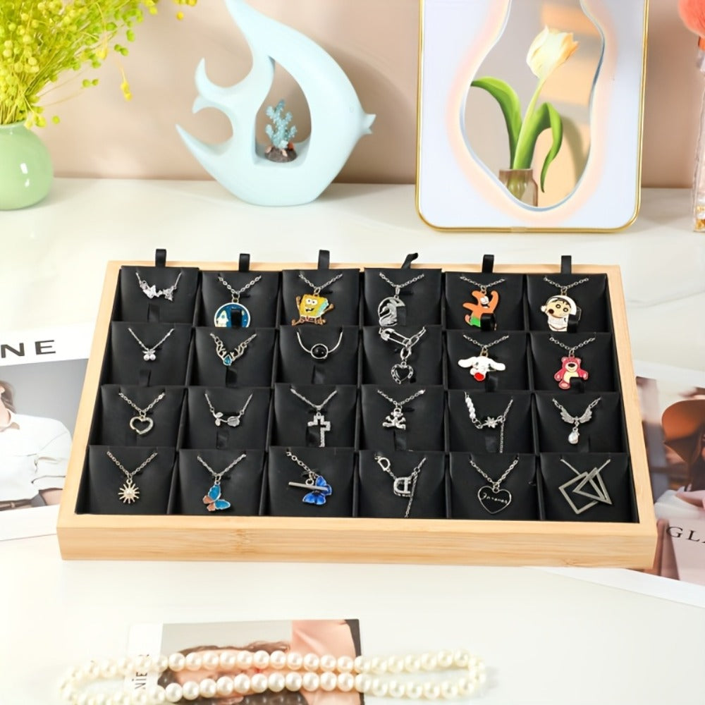 Jewelry Organizer - Tray Bamboo Wood 24 Grid Large Capacity Necklace & Pendant Display Rack - product detail view 4