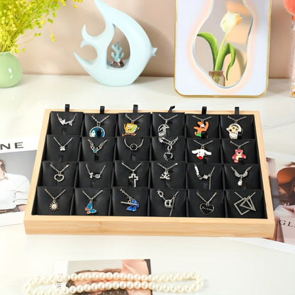 Jewelry Organizer - Tray Bamboo Wood 24 Grid Large Capacity Necklace & Pendant Display Rack - product detail view 4