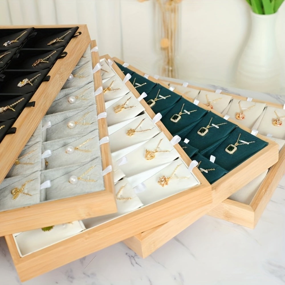 Jewelry Organizer - Tray Bamboo Wood 24 Grid Large Capacity Necklace & Pendant Display Rack - product detail view 6