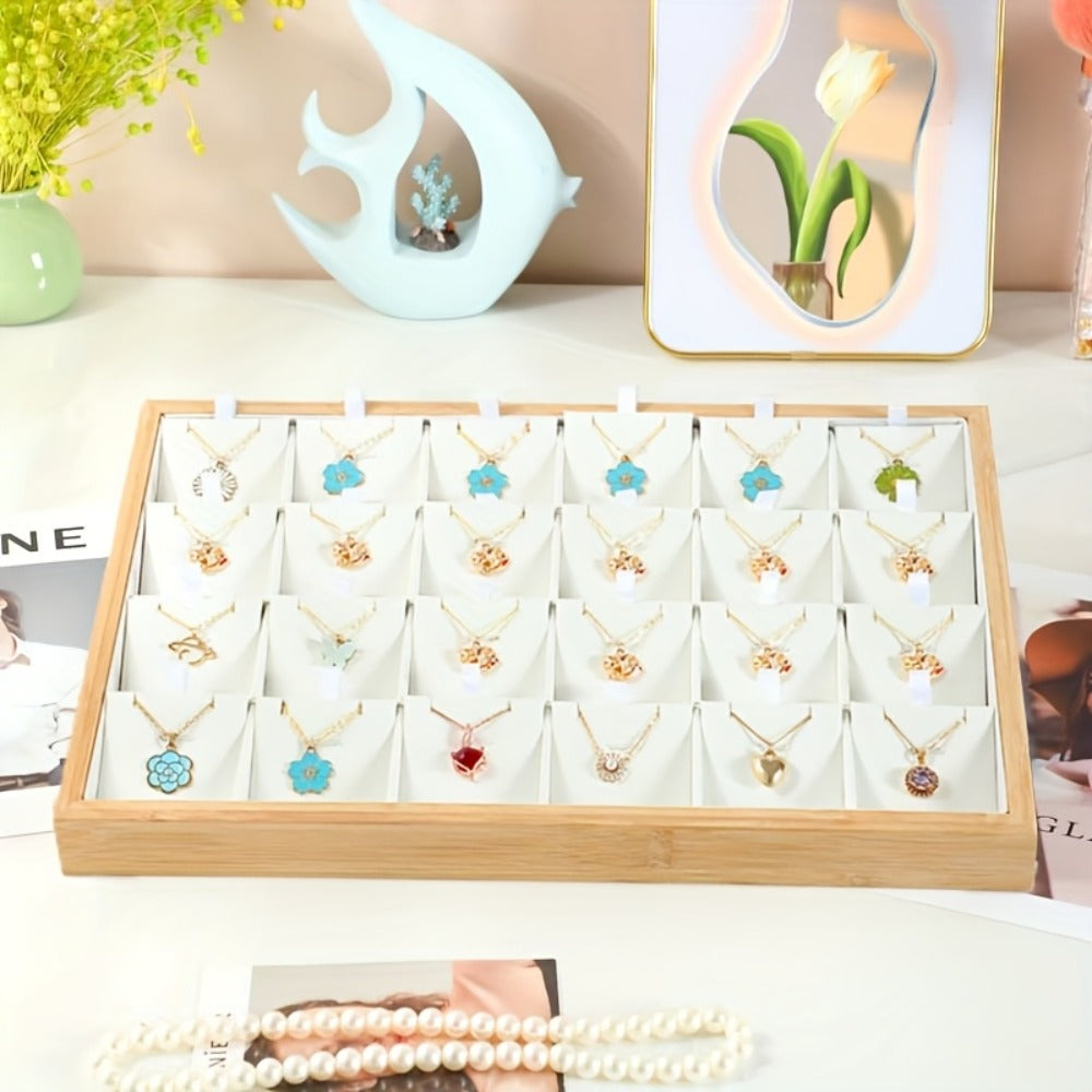 Jewelry Organizer - Tray Bamboo Wood 24 Grid Large Capacity Necklace & Pendant Display Rack - product detail view 8